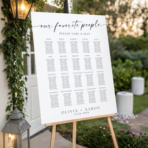 May include: A white wedding seating chart on a wooden easel. The chart features the text "our favorite people" and "PLEASE TAKE A SEAT". Names are listed under numbered columns. The names are for Olivia and Aaron, with the date 12.02.20XX.