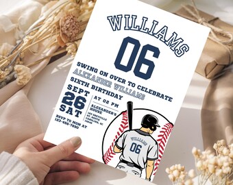 Editable Baseball Birthday Invitation, Baseball Invites, Instant Download Baseball Invitations, Digital File, navy blue red boy party invite