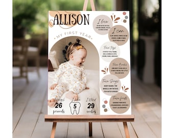 EDITABLE First Birthday Milestone Sign, Modern 1st Birthday Milestone Poster, One Year Photo Baby Milestone Board, Printable Template