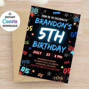 May include: A black and white birthday invitation with colorful paint splatters. The invitation says "Join us to celebrate Brandon's 5th Birthday" with the number 5 in blue neon. The date is July 23rd at 2 PM. The address is Brandon's House, 123 Greyville St. South, Carolina, SC 10245. RSVP to Mom at 123-456-7890.