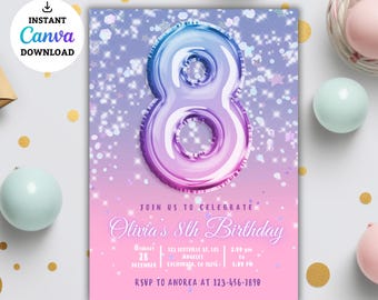 May include: A birthday party invitation with a large number 8 balloon in shades of blue, purple, and pink. The invitation reads "Olivia's 8th Birthday" with event details and RSVP information. The words "Instant Canva Download" are also visible.