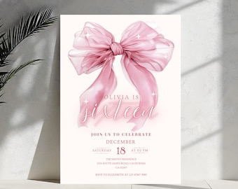 Editable Pink Bow Sixteen Birthday Template Printable, Pink Coquette Bow Invitation 16th Birthday Girl Invite, Birthday invitation, Sweet 16