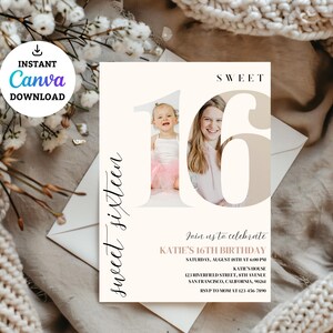 May include: Sweet Sixteen birthday party invitation with a photo of a girl and her mother in the number 16. The invitation is white with black text and a pink accent. It includes the date, time, location, and RSVP information.