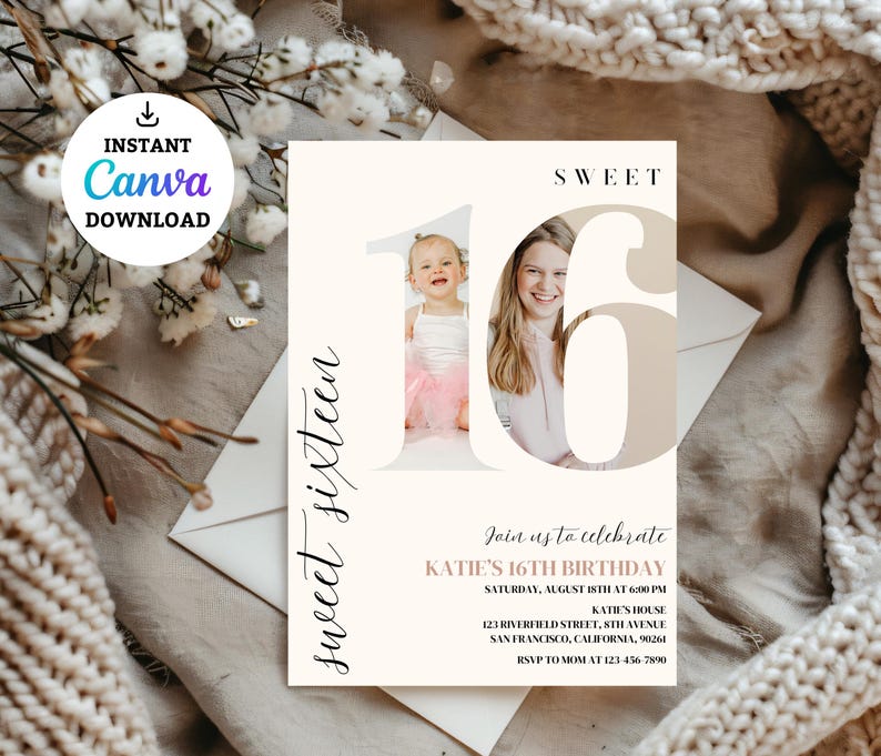 May include: Sweet Sixteen birthday party invitation with a photo of a girl and her mother in the number 16. The invitation is white with black text and a pink accent. It includes the date, time, location, and RSVP information.