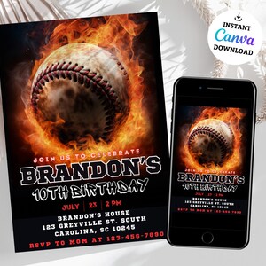 Convite editável de beisebol, convite de festa de aniversário de beisebol, novato do ano, esportes, Canva 5x7, convite de aniversário All Star Sports