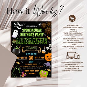 May include: A Halloween birthday party invitation with a black background and green and orange details. The invitation features the text "Spooktacular Birthday Party" and party details, including the date, time, and location. Halloween-themed graphics are also included.