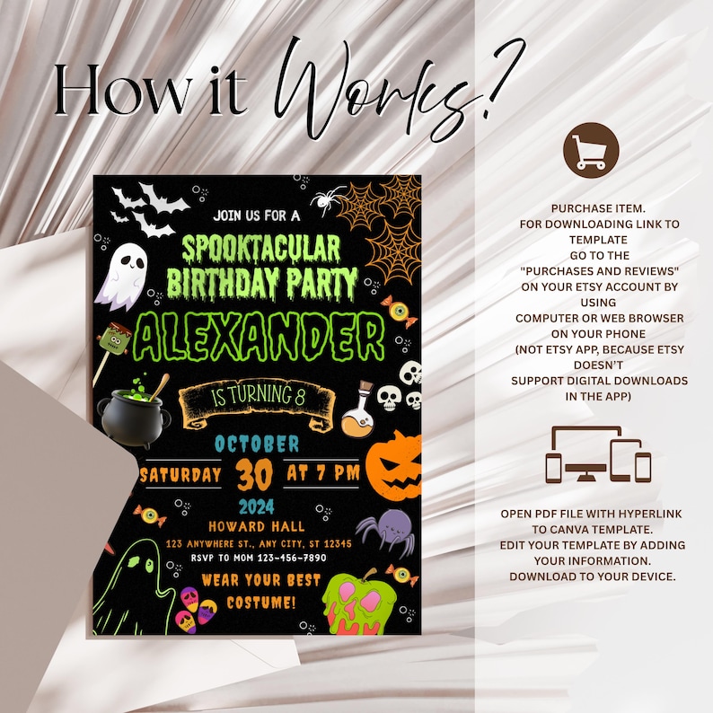 May include: A Halloween birthday party invitation with a black background and green and orange details. The invitation features the text "Spooktacular Birthday Party" and party details, including the date, time, and location. Halloween-themed graphics are also included.