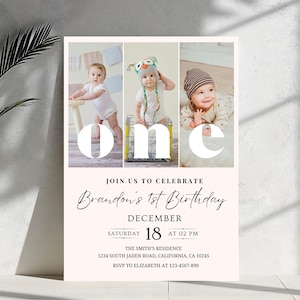 May include: A pink and white birthday invitation with a photo collage of a baby boy. The invitation says "Join us to celebrate Brandon's 1st Birthday, December 18 at 02 PM. The Smith's Residence, 1234 South Jaden Road, California, CA 10245. RSVP to Elizabeth at 123-4567-890."