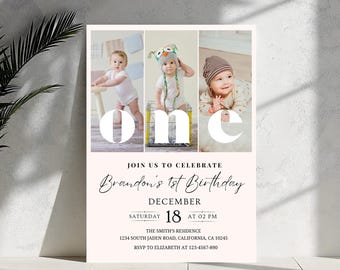 Editable 1st Birthday Photo Invitation Boy Birthday Party Boy First Birthday Invitation Minimal 1st Birthday Invitation Template