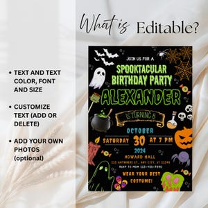 May include: A black Halloween birthday party invitation with the text "Spooktacular Birthday Party" and "Alexander is turning 8". Features a ghost, cauldron, pumpkin, spider, and other spooky graphics. The invitation is editable.