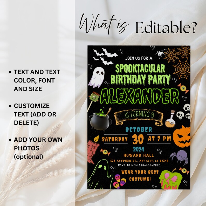 May include: A black Halloween birthday party invitation with the text "Spooktacular Birthday Party" and "Alexander is turning 8". Features a ghost, cauldron, pumpkin, spider, and other spooky graphics. The invitation is editable.
