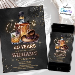 Invitación de cumpleaños de whisky, invitación de cumpleaños editable para hombres adultos, 30, 40, 50 años, cualquier edad, coñac, licor escocés, descarga imprimible, cena de fiesta