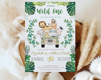 Safari Baby Shower Invitation Canva, Wild One is on the Way Jungle Invite, Editable Animal Theme Template, Printable Gender Neutral Evite
