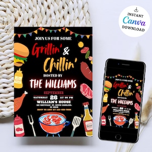 Editable BBQ Birthday Invitation Template, Barbeque Birthday Invitation, BBQ Invitation, Let&#39;s grill and chill text invitation backyard BBQ