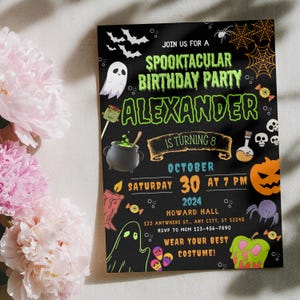 May include: Black Halloween birthday party invitation with green and orange text and illustrations. The invitation says "Spooktacular Birthday Party" and includes the name "Alexander", the date, time, and location. It also says "Wear your best costume!"