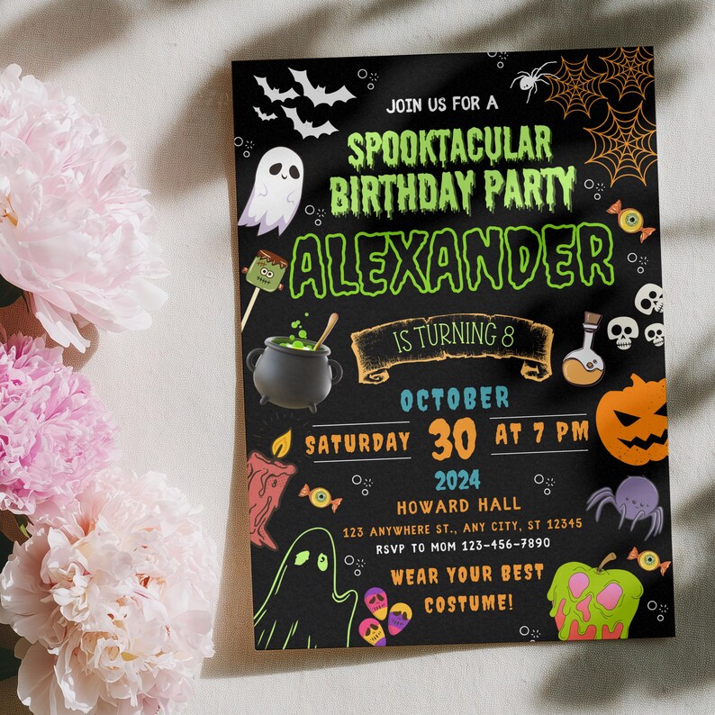 May include: Black Halloween birthday party invitation with green and orange text and illustrations. The invitation says "Spooktacular Birthday Party" and includes the name "Alexander", the date, time, and location. It also says "Wear your best costume!"