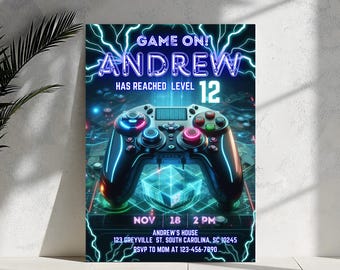 ネオンカラーのビデオゲーム誕生日招待状テンプレート：編集可能なCanva（デジタルダウンロード）