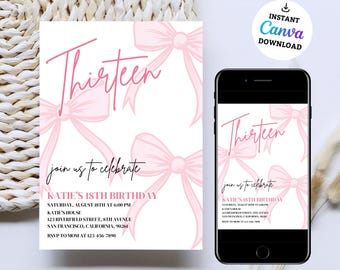Puede incluir: Invitación de cumpleaños rosa con fondo blanco y lazos rosas. La invitación dice "Trece" y "Únete a nosotros para celebrar el cumpleaños número 18 de Katie". La invitación incluye la fecha, la hora, la ubicación y la información de RSVP.