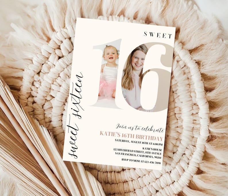 May include: A white invitation card with black text that reads "Sweet Sixteen" and "Join us to celebrate Katie's 16th Birthday". The card features a large white number 16 with a photo of two girls in the background.