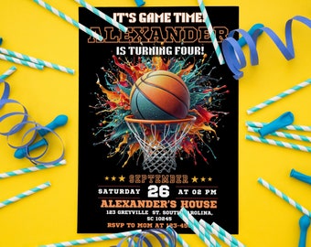 May include: A basketball-themed birthday invitation with a black background and colourful paint splatters. The invitation features a basketball going through a hoop with the text "It's Game Time! Alexander is turning four!" and "Saturday September 26 at 02 PM Alexander's House 123 Greyville St. South Carolina, SC 10245 RSVP to Mom at 123-45".
