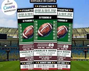 May include: A green and brown ticket invitation for a football-themed birthday party. The ticket says "It's Game Time" and "Charlie is turning 12". The ticket has a football graphic and a yard line.