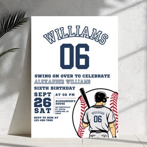 Editable Baseball Birthday Invitation: Navy Blue & Red (Digital File, 5x7 in Canva Template)