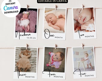 First Birthday Photo Banner Template, Editable Baby's 1st Year Monthly Milestone Cards, Printable Modern Photo Garland, Instant Download