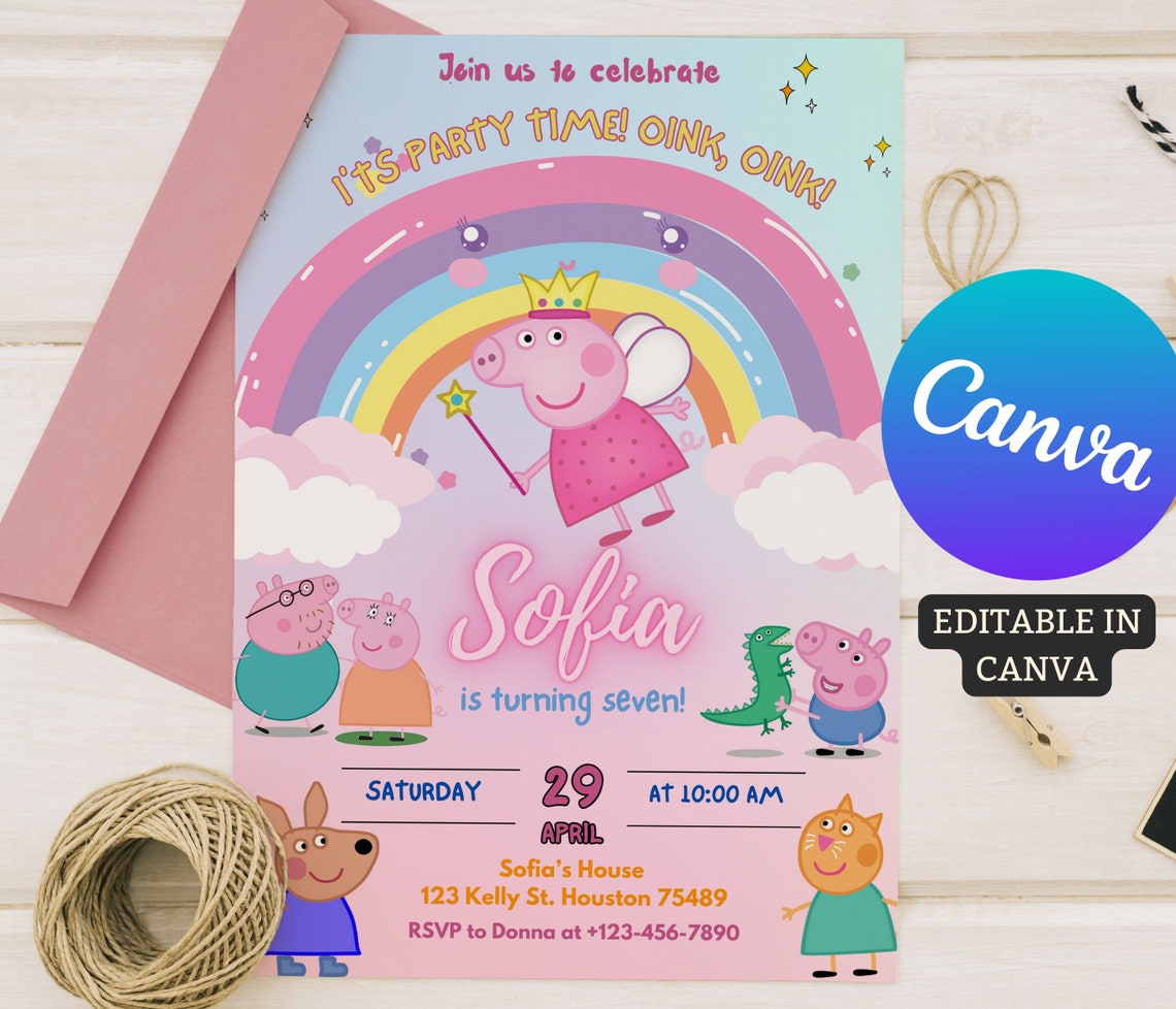 Editable Peppa Pig Birthday Invitation CANVA Template - Etsy