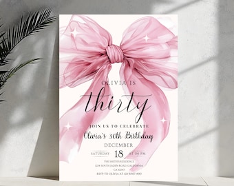 30th birthday invitation girl Pink Coquette Invite 30 year old Birthday Girl thirtieth Pink Bow Birthday Coquette Theme Birthday Party Bow