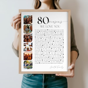 May include: A framed print with the text "80 reasons we love you" and a list of reasons. The print includes several small photos. The frame is a light brown color. The print is held by a person.