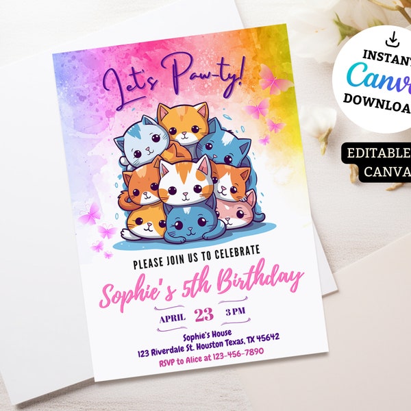 Cat Birthday Invitation, Cat Theme Birthday Invitation, Are You Kitten Me Birthday, Paw-ty Birthday Invite, Rainbow, Invitation Template