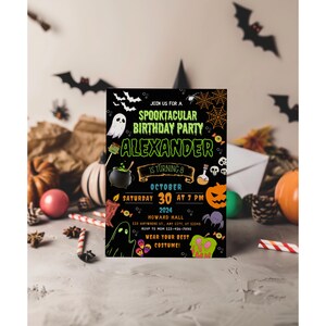 May include: A black Halloween birthday party invitation featuring the text "Spooktacular Birthday Party" and "Alexander is turning 8". The invitation includes Halloween graphics such as ghosts, pumpkins, and bats. The date is October 30, 2024.