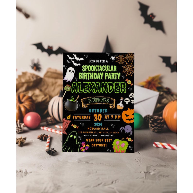 May include: A black Halloween birthday party invitation featuring the text "Spooktacular Birthday Party" and "Alexander is turning 8". The invitation includes Halloween graphics such as ghosts, pumpkins, and bats. The date is October 30, 2024.