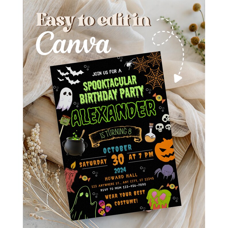 May include: A black Halloween birthday party invitation with the text "Easy to edit in Canva." The invitation features spooky graphics such as bats, ghosts, and a pumpkin. The party is for Alexander, who is turning 8, on October 30, 2024.
