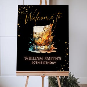 May include: Black welcome sign with gold glitter and a glass of whisky with ice. The text reads "Welcome to William Smith's 40th Birthday".