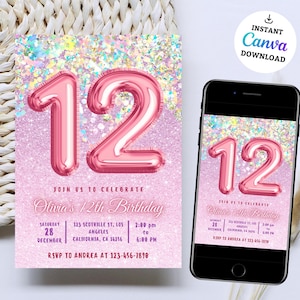 12th Birthday Invitation Editable, Twelve Birthday Invite, Girl Birthday Party Digital Download, Rose Gold 12th Birthday Invitation