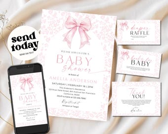 Pink Bow Floral Toile Baby Shower Invitation set Printable, Elegant Chinoiseries, Baby Girl Coquette Bow, Edit all Text with Canva Template