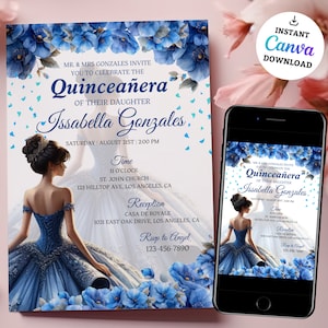 Blauwe en gouden uitnodiging voor quinceañera, BEWERKBARE pastel vlinder en roos feestuitnodiging, Mis Quince Anos, Floral 15e verjaardag meisje