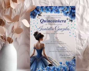 Blue and Gold Quinceañera Invitation, EDITABLE Pastel Butterfly and Rose Party Invite, Mis Quince Anos, Floral 15th Birthday Girl