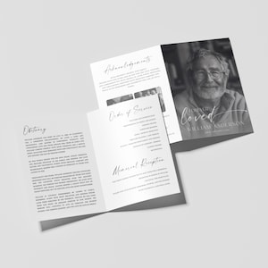 Può includere: Un programma di servizio commemorativo in bianco e nero con una foto di un uomo sorridente con gli occhiali. Il programma include le parole "Forever Loved" e "William Anderson". Il programma include anche le parole "Obituary", "Order of Service", "Memorial Reception" e "Acknowledgements".
