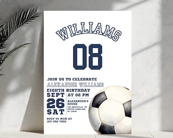 May include: A white and blue soccer-themed birthday invitation for Alexander Williams' eighth birthday. The invitation features a soccer ball graphic and the text "WILLIAMS 08". The invitation includes the date, time, and location of the party.
