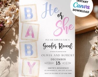 Baby Blocks Gender Reveal Invitation Template, Text Invite, He or She Invite,  Editable Gender Reveal Evite, Baby Gender Reveal Invite