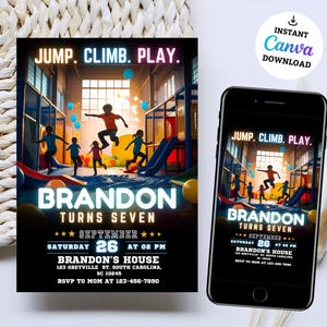 以下が含まれることがあります： ブランドンという名前の子供が7歳の誕生日を迎えるための誕生日パーティーの招待状です。招待状には、子供たちが屋内遊園地で遊んでいるカラフルな画像と、「Jump. Climb. Play.」と「Brandon Turns Seven」のテキストが掲載されています。招待状には、パーティーの日時と場所が記載されています。