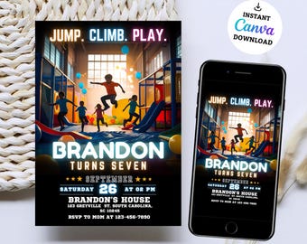May include: A birthday party invitation for a child named Brandon turning seven. The invitation features a colorful image of children playing in an indoor playground with the text "Jump. Climb. Play." and "Brandon Turns Seven". The invitation includes the date, time, and location of the party.