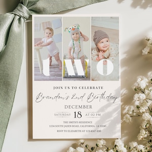 Bewerkbare 2e verjaardagsuitnodiging Tweede verjaardagsfeestje uitnodigen minimalistische Boho 2e jongen verjaardag meisje verjaardag Instant Digitale Download Twee