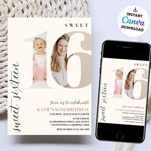 May include: A pink and white invitation with the text "Sweet Sixteen" and a photo of a girl in a pink dress. The invitation is for Katie's 16th birthday party. The text on the invitation includes the date, time, location, and RSVP information.
