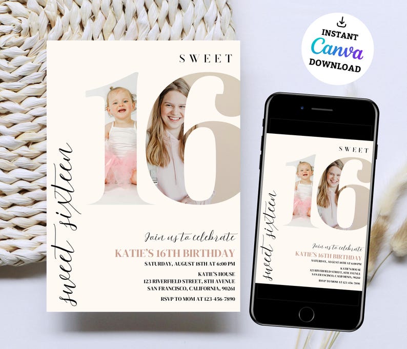 May include: A pink and white invitation with the text "Sweet Sixteen" and a photo of a girl in a pink dress. The invitation is for Katie's 16th birthday party. The text on the invitation includes the date, time, location, and RSVP information.