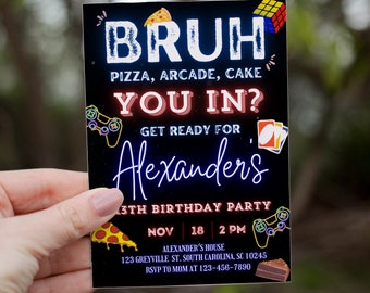 Bruh Neon Birthday Invitation, Boy Birthday Invitation, Teenager Birthday, Bruh It's My Birthday Invite, Canva, Teenager Birthday, Editable