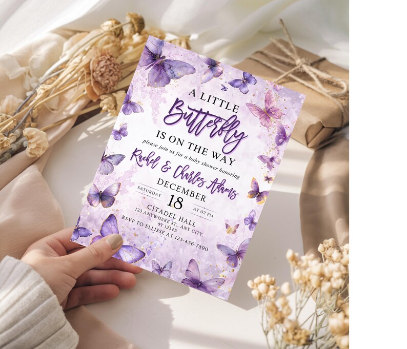 May include: A baby shower invitation with a purple butterfly theme. The invitation reads "A Little Butterfly Is On The Way" and includes the names Rachel & Charles Adams, the date December 18, and event details.