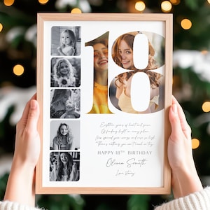 May include: A wooden framed photo collage for an 18th birthday. The collage includes black and white photos and the number 18 cut out to reveal two color photos. Text reads "Happy 18th Birthday Olivia Smith."